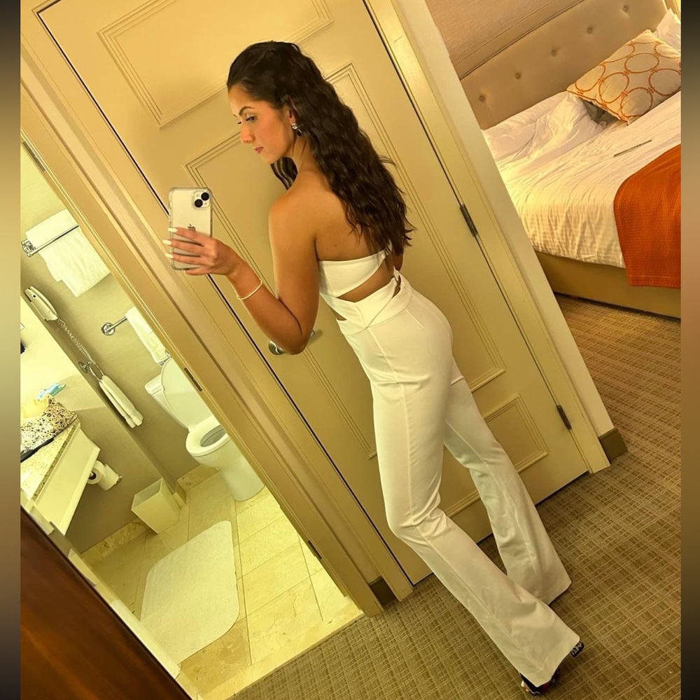 Cream Strapless Cut Out Middle Jumpsuit